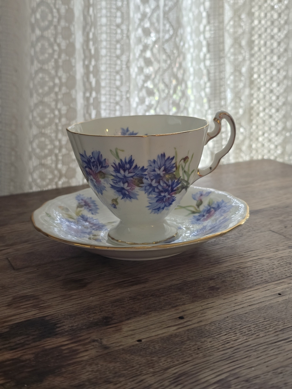 Vintage Adderley England White, Blue Cornflowers Teacup & Saucer Set